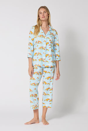 A lady wearing Twilight On The Hudson 3/4 Sleeve Classic Stretch Jersey Cropped Pj Set looking front