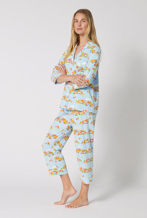 A lady wearing Twilight On The Hudson 3/4 Sleeve Classic Stretch Jersey Cropped Pj Set