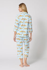 A lady wearing Twilight On The Hudson 3/4 Sleeve Classic Stretch Jersey Cropped Pj Set back view