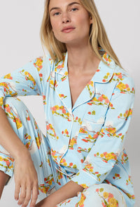 A lady wearing Twilight On The Hudson 3/4 Sleeve Classic Stretch Jersey Cropped Pj Set closer look