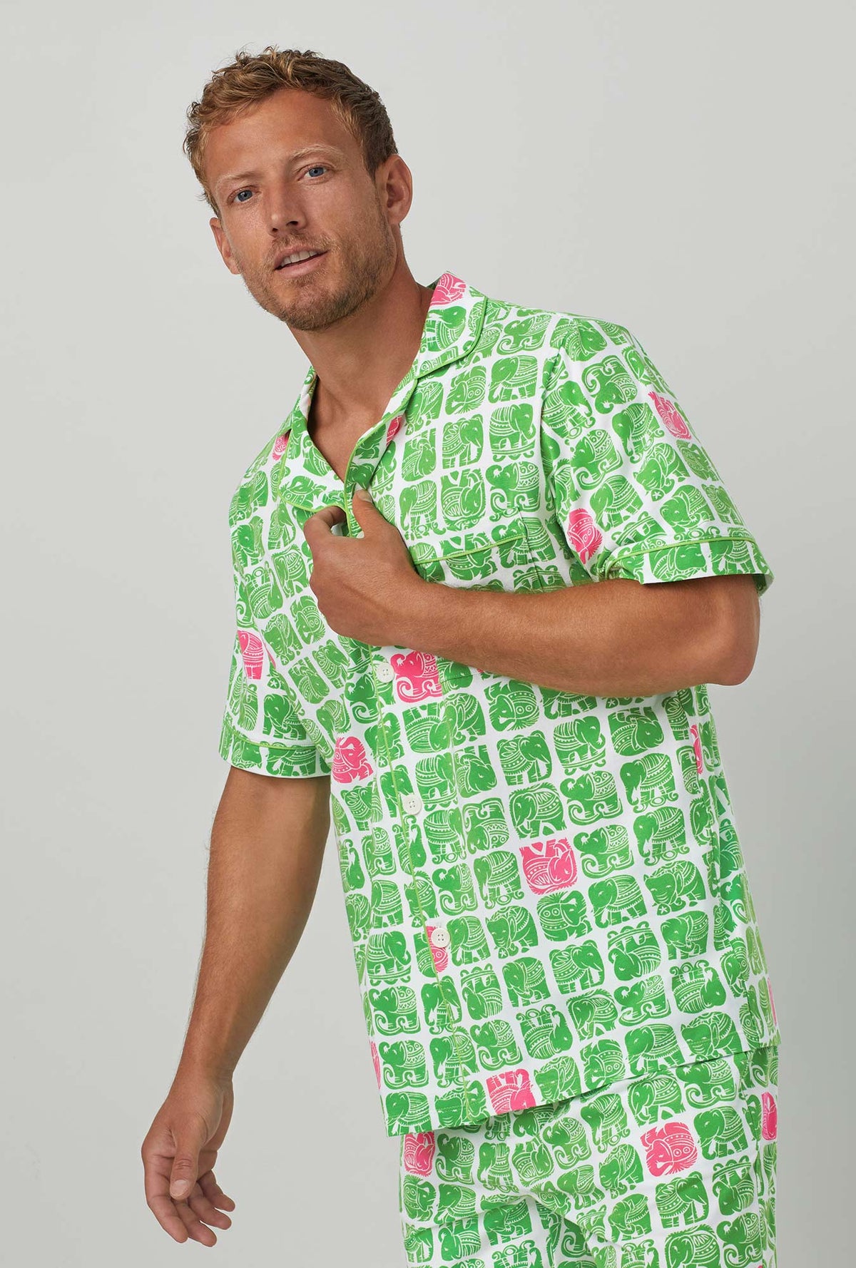 A man wearing green  Short Sleeve Notch Stretch Jersey Short PJ Set with Turk Elephants  print
