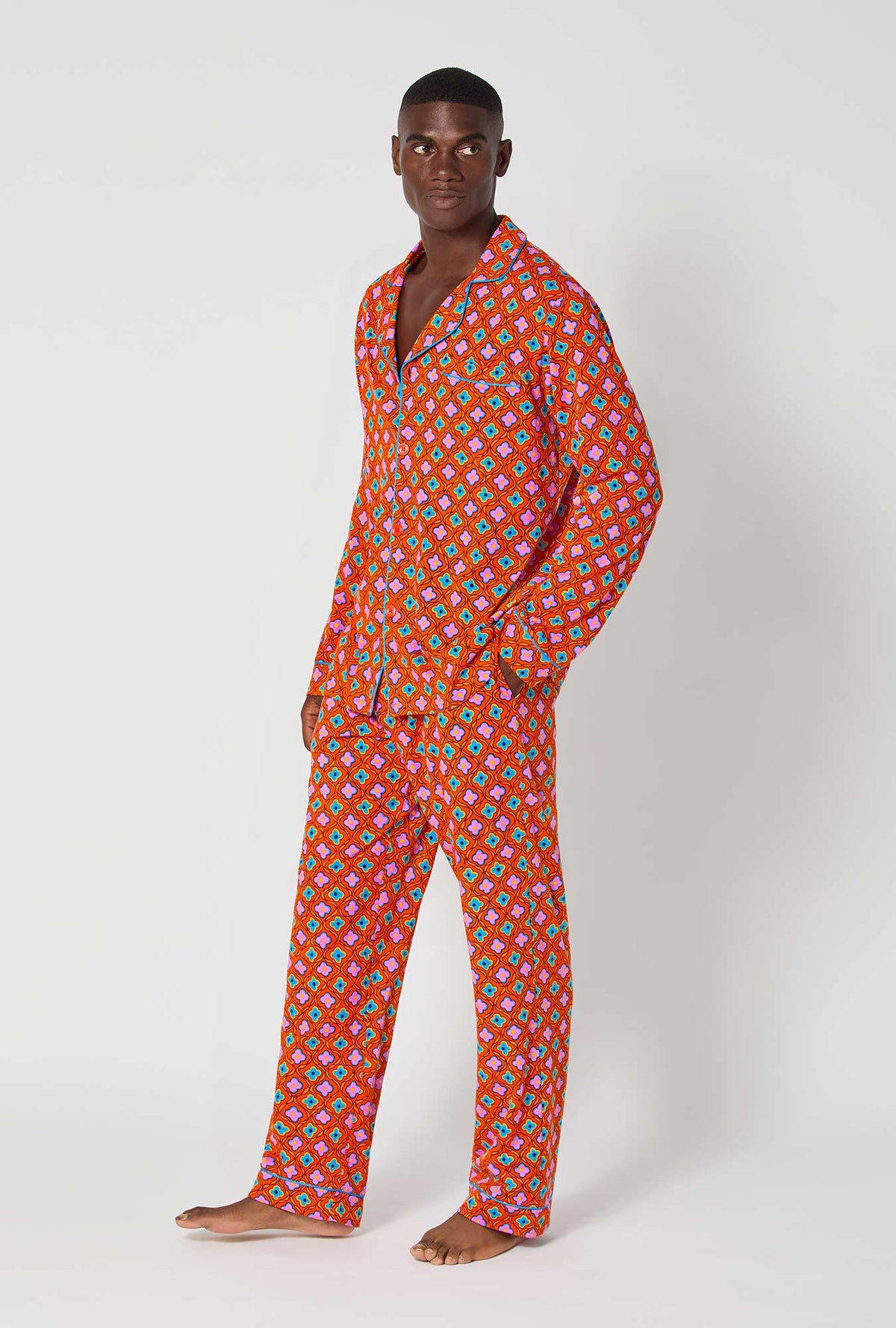 A man wearing BedHead x Mr. Turk Daisy Foulard Men&#39;s Long Sleeve Classic Stretch Jersey Pj Set