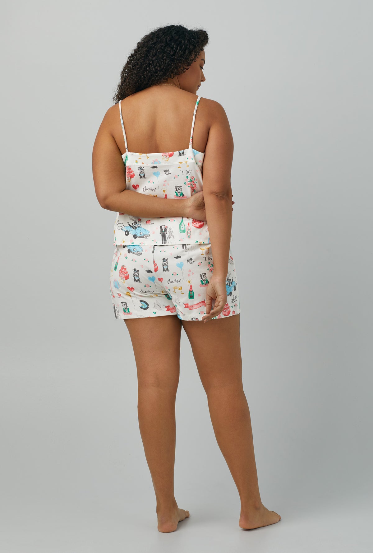 A lady wearing Cami Stretch Jersey Shorty PJ Set with just married print
