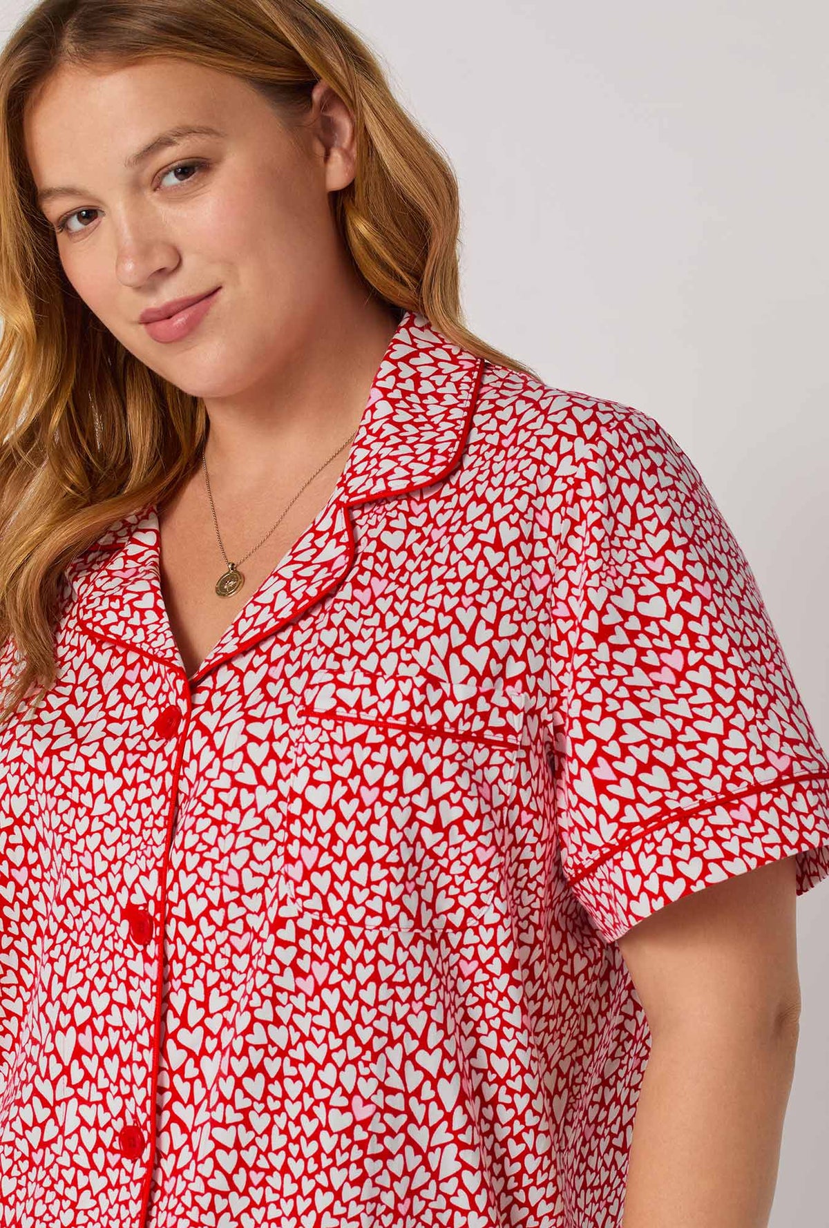 A lady wearing Bursting With Love Short Sleeve Classic Shorty Stretch Jersey Pj Set