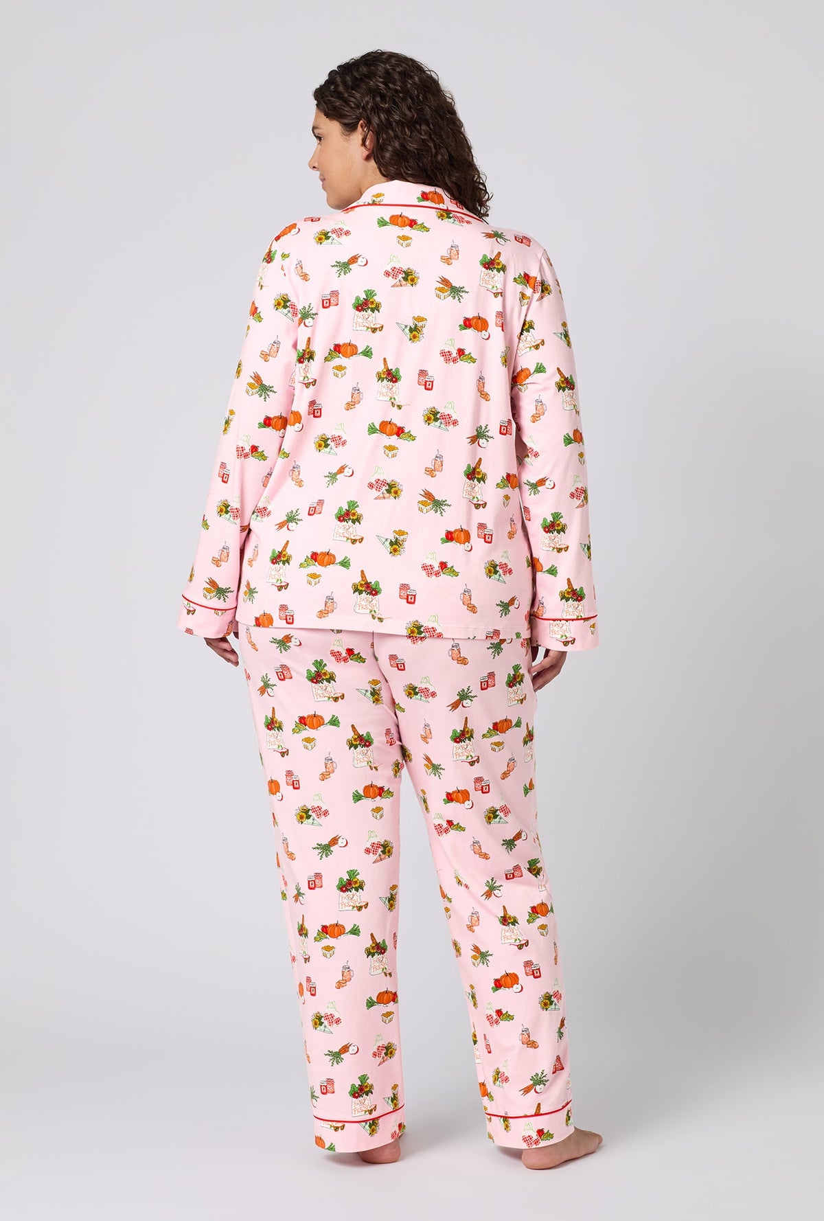 A lady wearing plus size Farm Fresh Long Sleeve Classic Stretch Jersey Pj Set back view