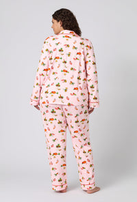 A lady wearing plus size Farm Fresh Long Sleeve Classic Stretch Jersey Pj Set back view