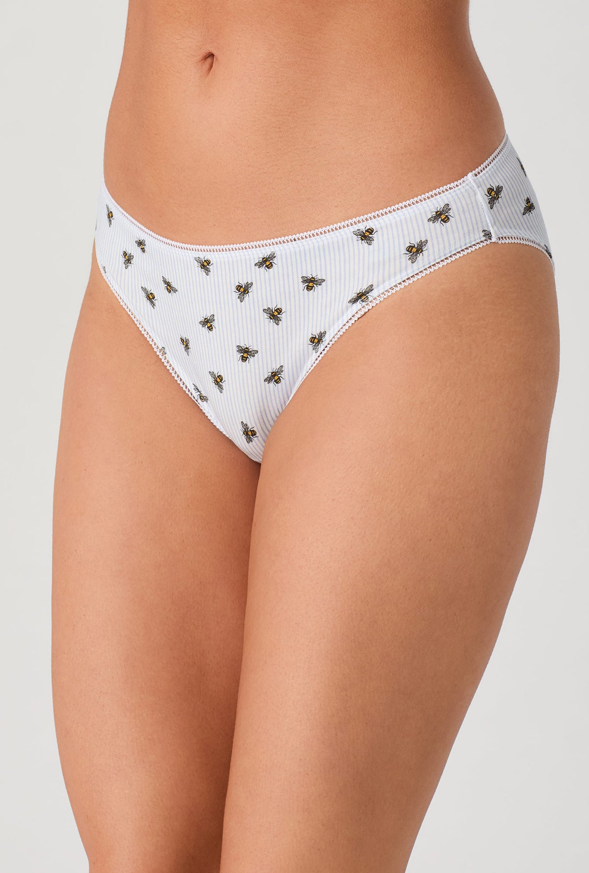 A lady wearing Honey Bees Stretch Jersey Bikini Underwear