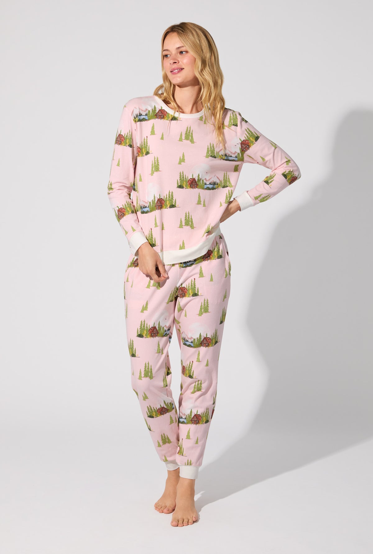 Pine Lake Long Sleeve Pullover Crew and Jogger Stretch Jersey PJ Set