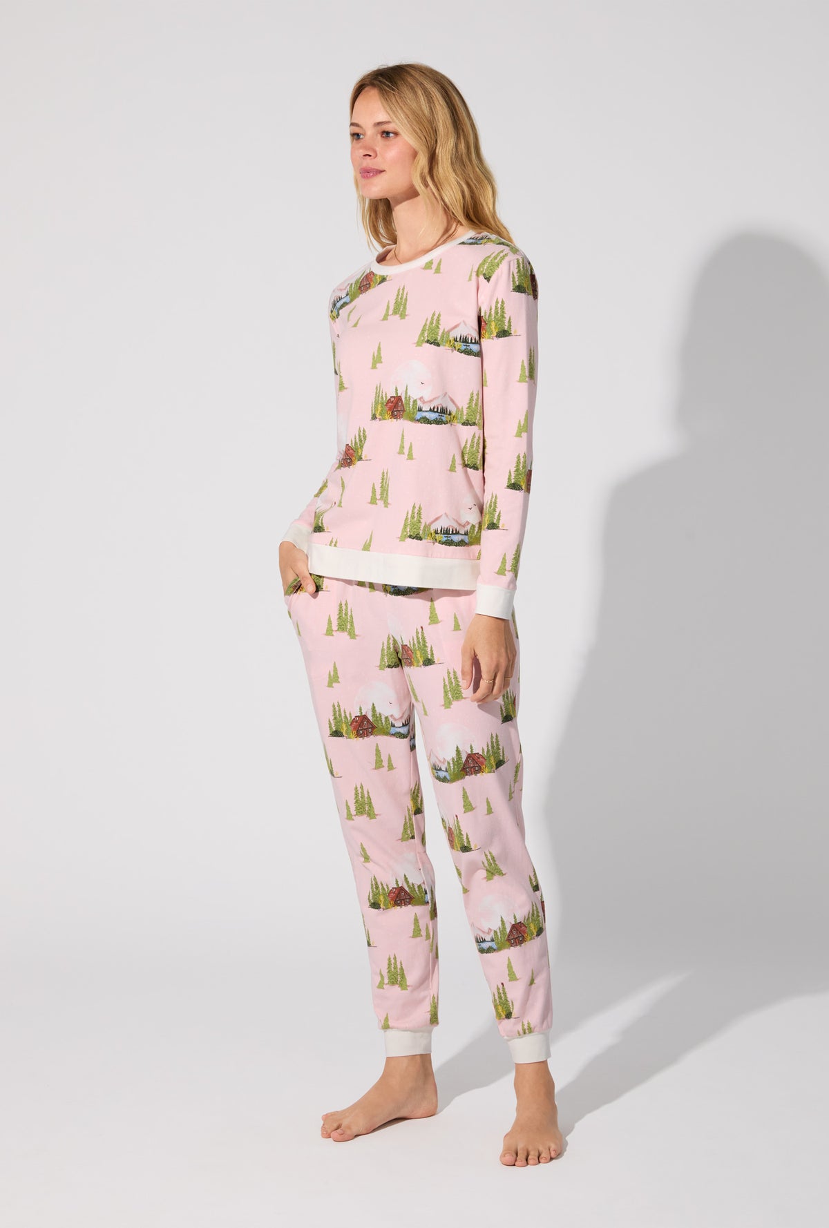 Pine Lake Long Sleeve Pullover Crew and Jogger Stretch Jersey PJ Set