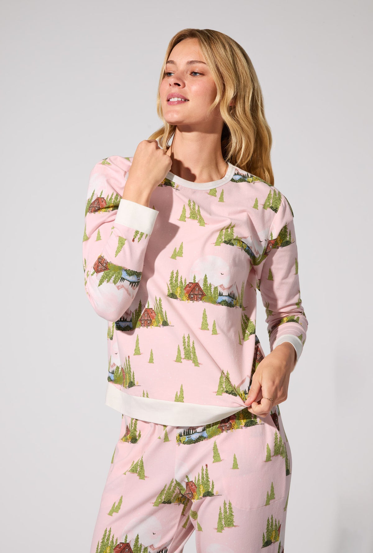 Pine Lake Long Sleeve Pullover Crew and Jogger Stretch Jersey PJ Set