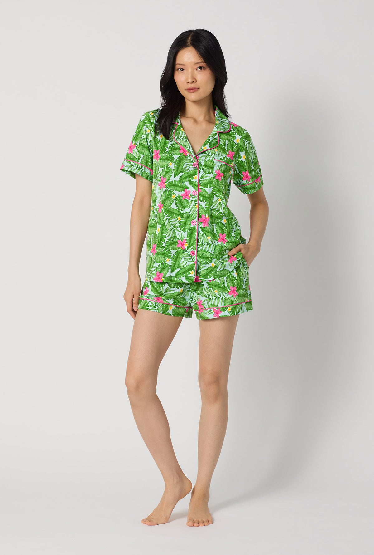 A Lady Wearing Monstera Bloom Short Sleeve Classic Shorty Stretch Jersey Pj Set