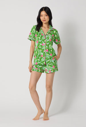 A Lady Wearing Monstera Bloom Short Sleeve Classic Shorty Stretch Jersey Pj Set