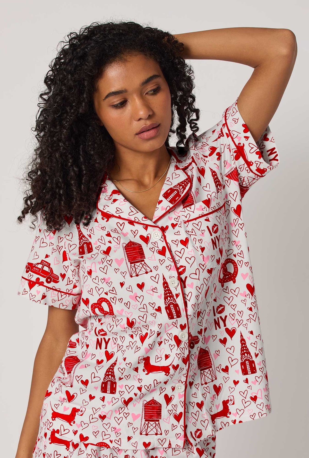 A lady wearing Heart Of The City Short Sleeve Classic Shorty Stretch Jersey Pj Set