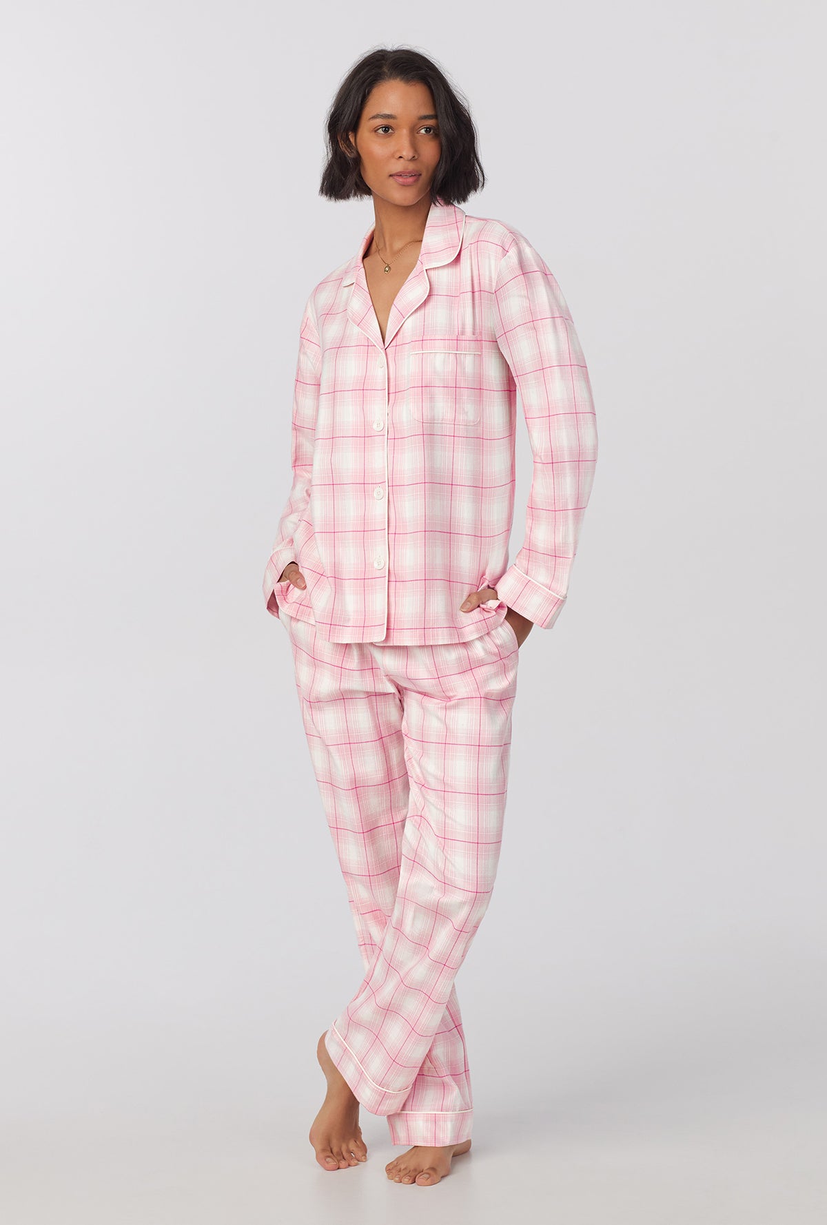 A lady wearing long Sleeve Classic Woven cotton portuguese flannel PJ Set with  Mountain Plaid print