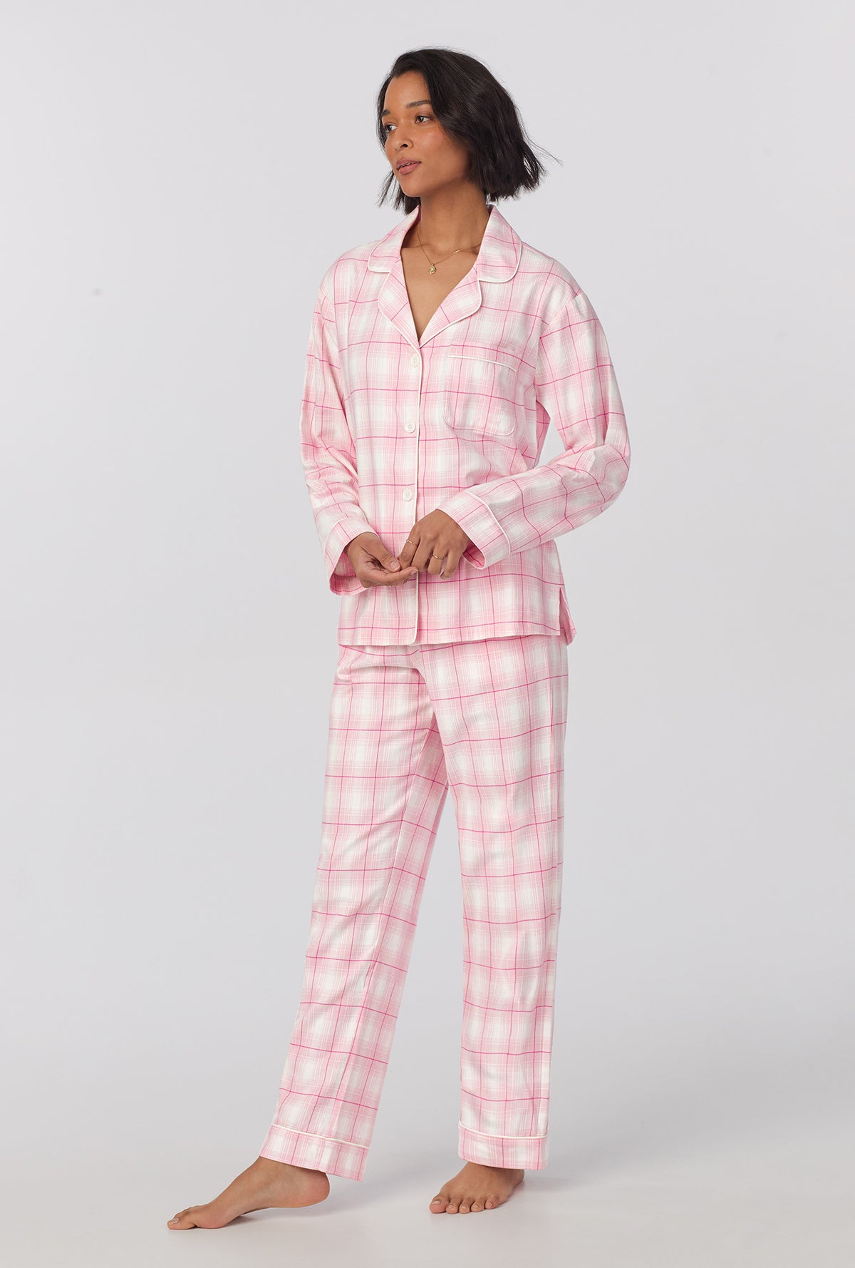 A lady wearing long Sleeve Classic Woven cotton portuguese flannel PJ Set with  Mountain Plaid print