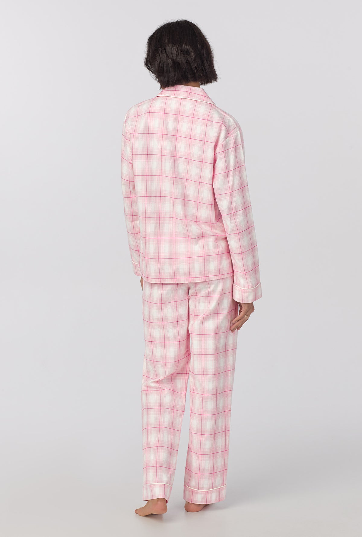 A lady wearing long Sleeve Classic Woven cotton portuguese flannel PJ Set with  Mountain Plaid print