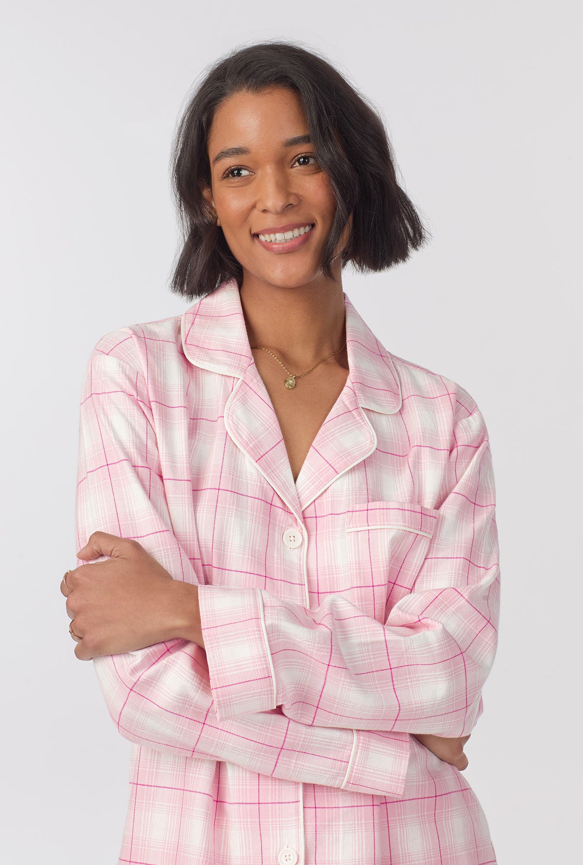 A lady wearing long Sleeve Classic Woven cotton portuguese flannel PJ Set with  Mountain Plaid print