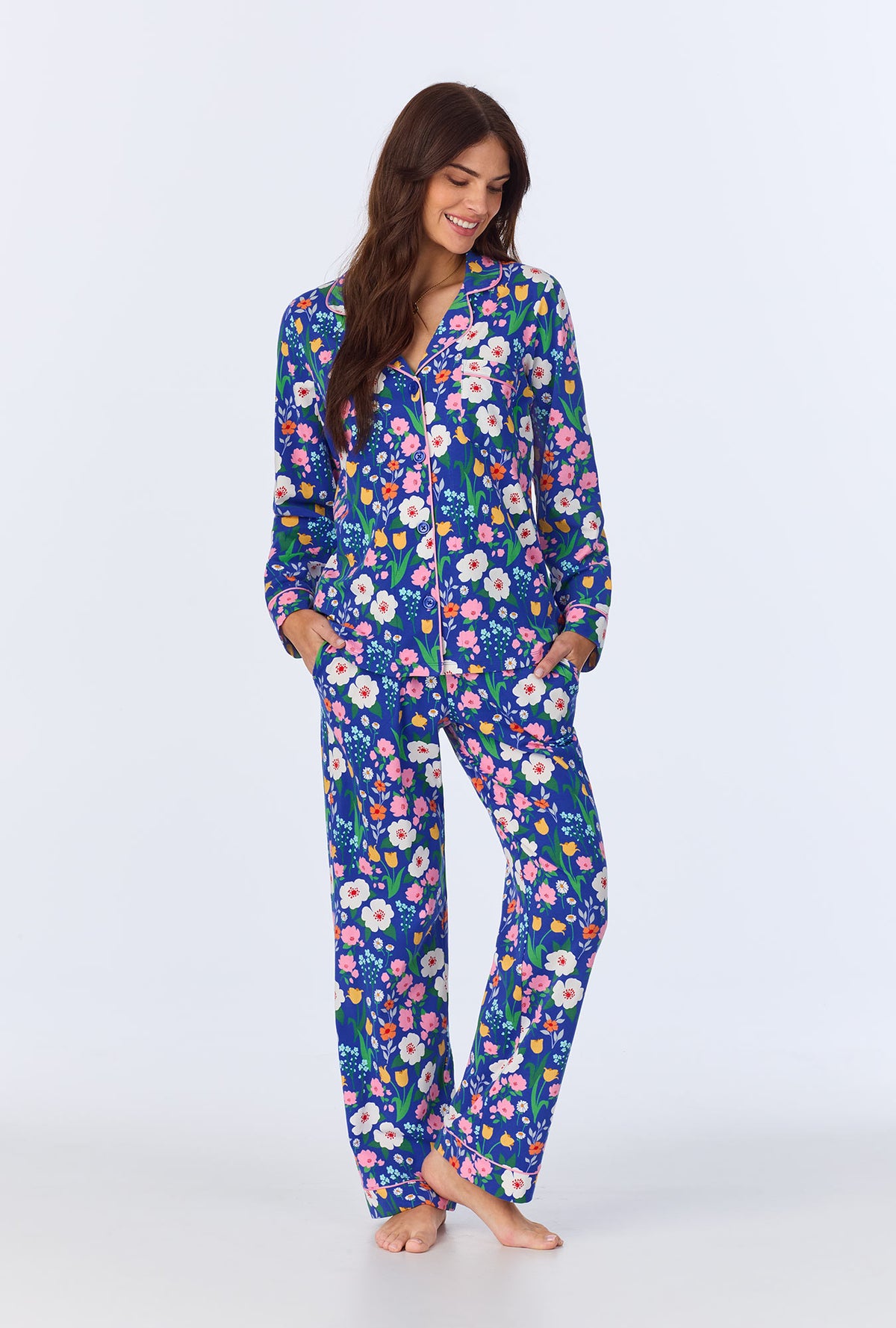 A lady wearing Flower Market  Long Sleeve Classic Stretch Jersey PJ set