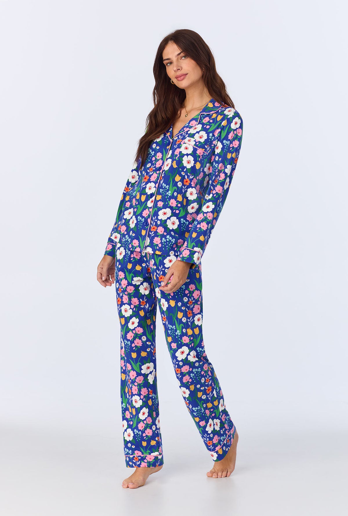 A lady wearing Flower Market  Long Sleeve Classic Stretch Jersey PJ set