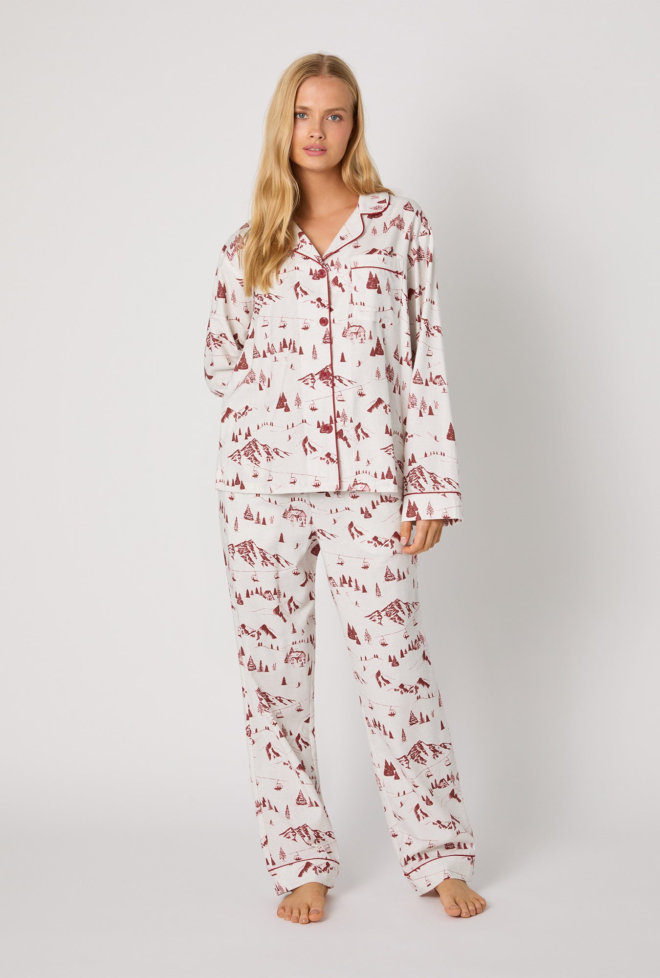 A lady wearing Alpine Toile Long Sleeve Classic Woven Portuguese Flannel PJ Set