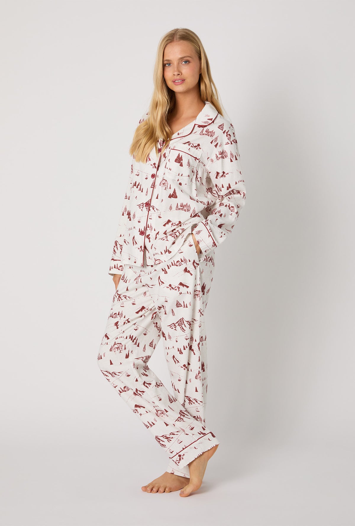 A lady wearing Alpine Toile Long Sleeve Classic Woven Portuguese Flannel PJ Set