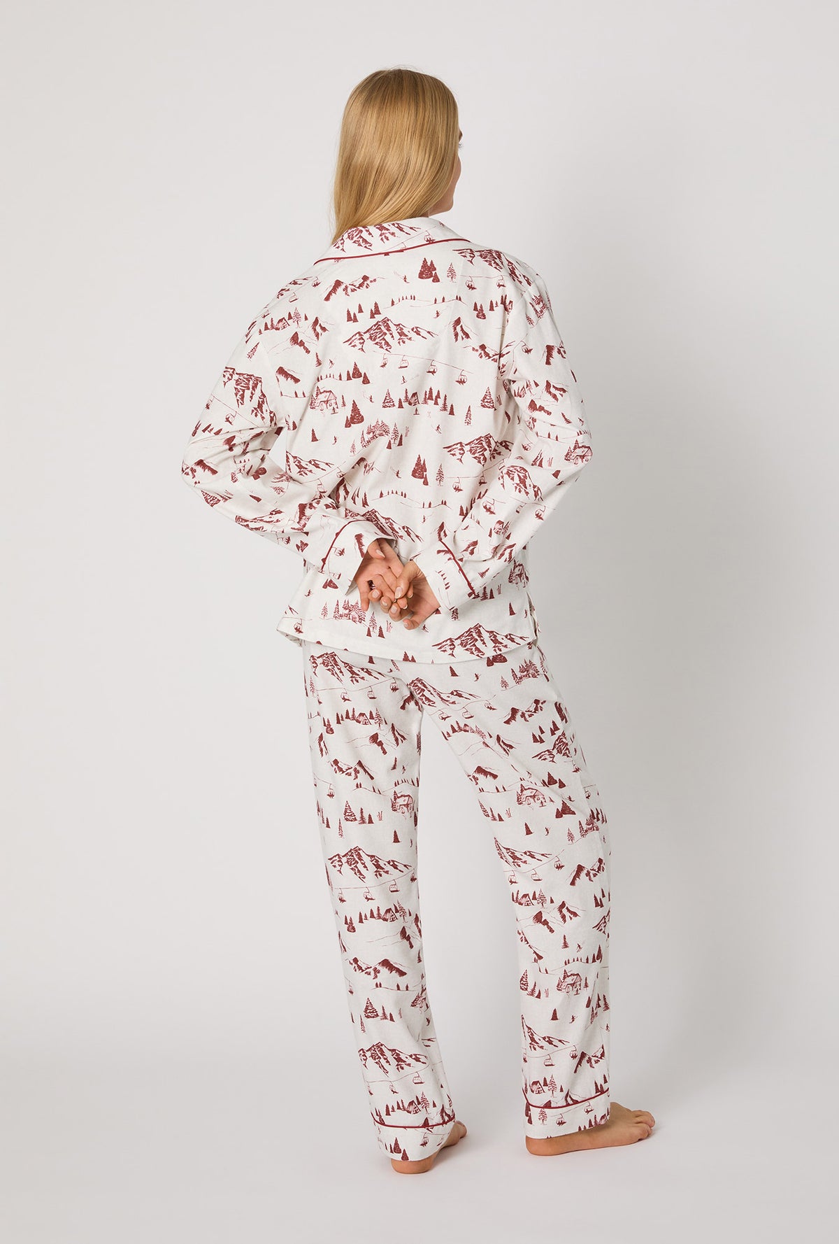 A lady wearing Alpine Toile Long Sleeve Classic Woven Portuguese Flannel PJ Set