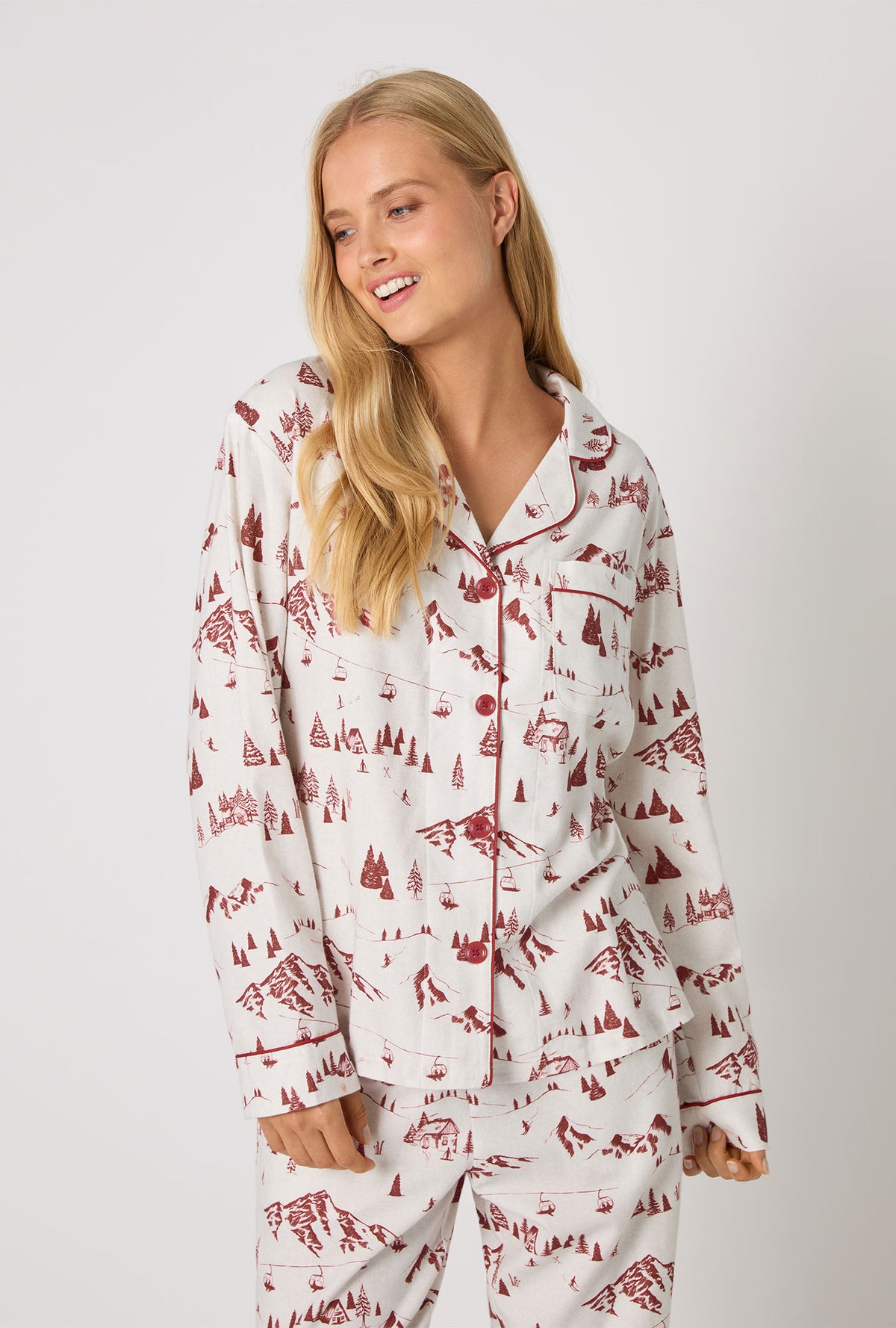 A lady wearing Alpine Toile Long Sleeve Classic Woven Portuguese Flannel PJ Set