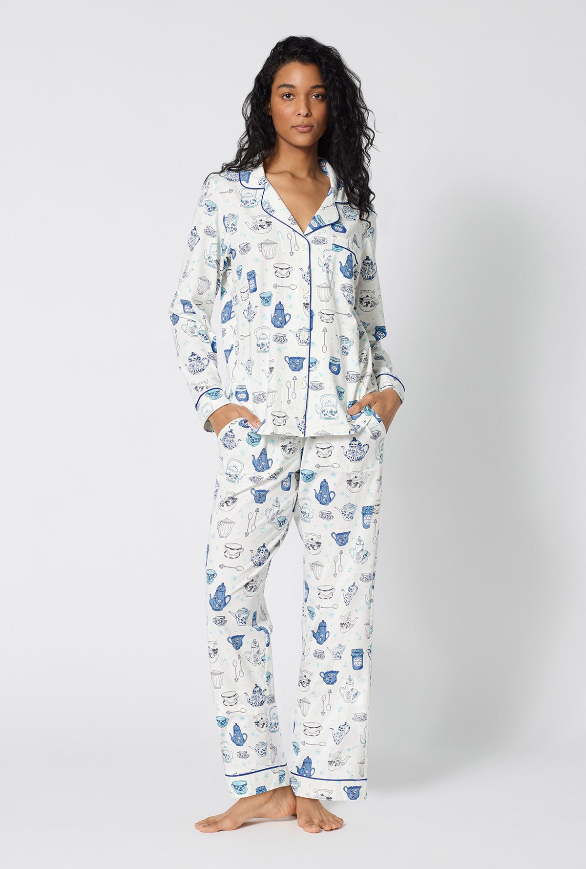 A lady wearing Lady Grey Long Sleeve Classic Stretch Jersey Pj Set
