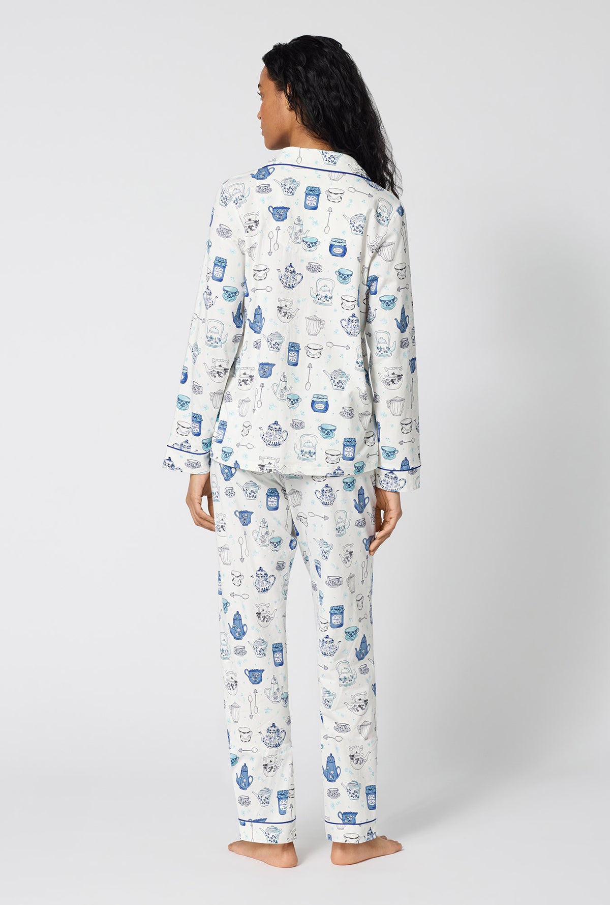 A lady wearing Lady Grey Long Sleeve Classic Stretch Jersey Pj Set back view