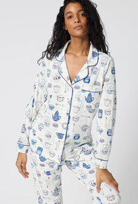 A lady wearing Lady Grey Long Sleeve Classic Stretch Jersey Pj Set closer look