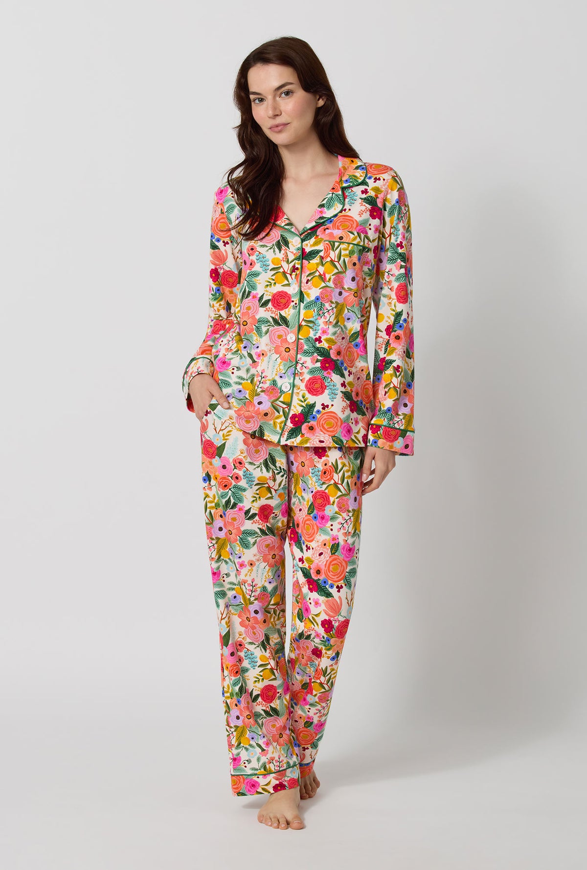 A lady wearing Rifle Paper Co. x BedHead PJs Garden Party Long Sleeve Classic Stretch Jersey Pj Set