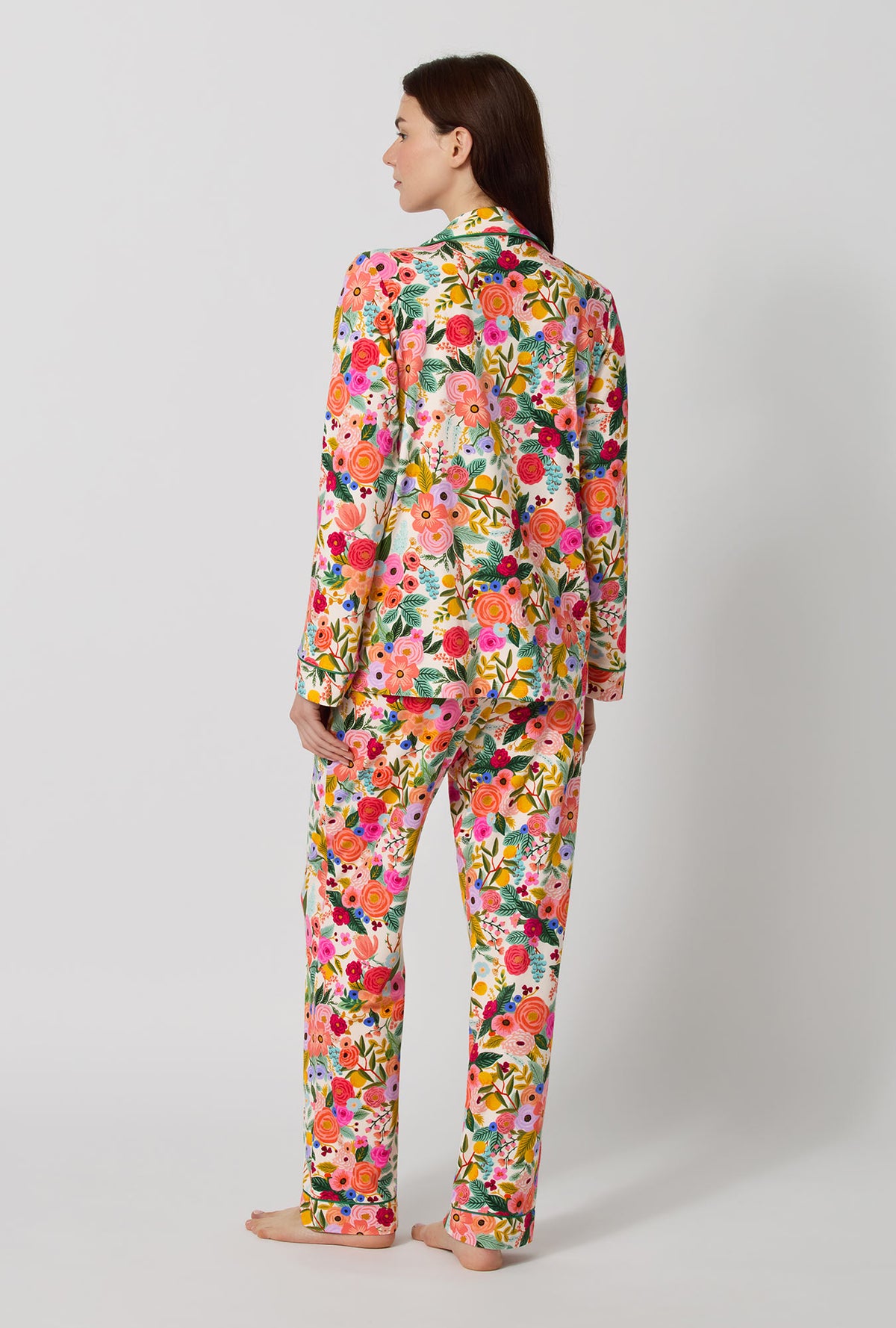 A lady wearing Rifle Paper Co. x BedHead PJs Garden Party Long Sleeve Classic Stretch Jersey Pj Set back view