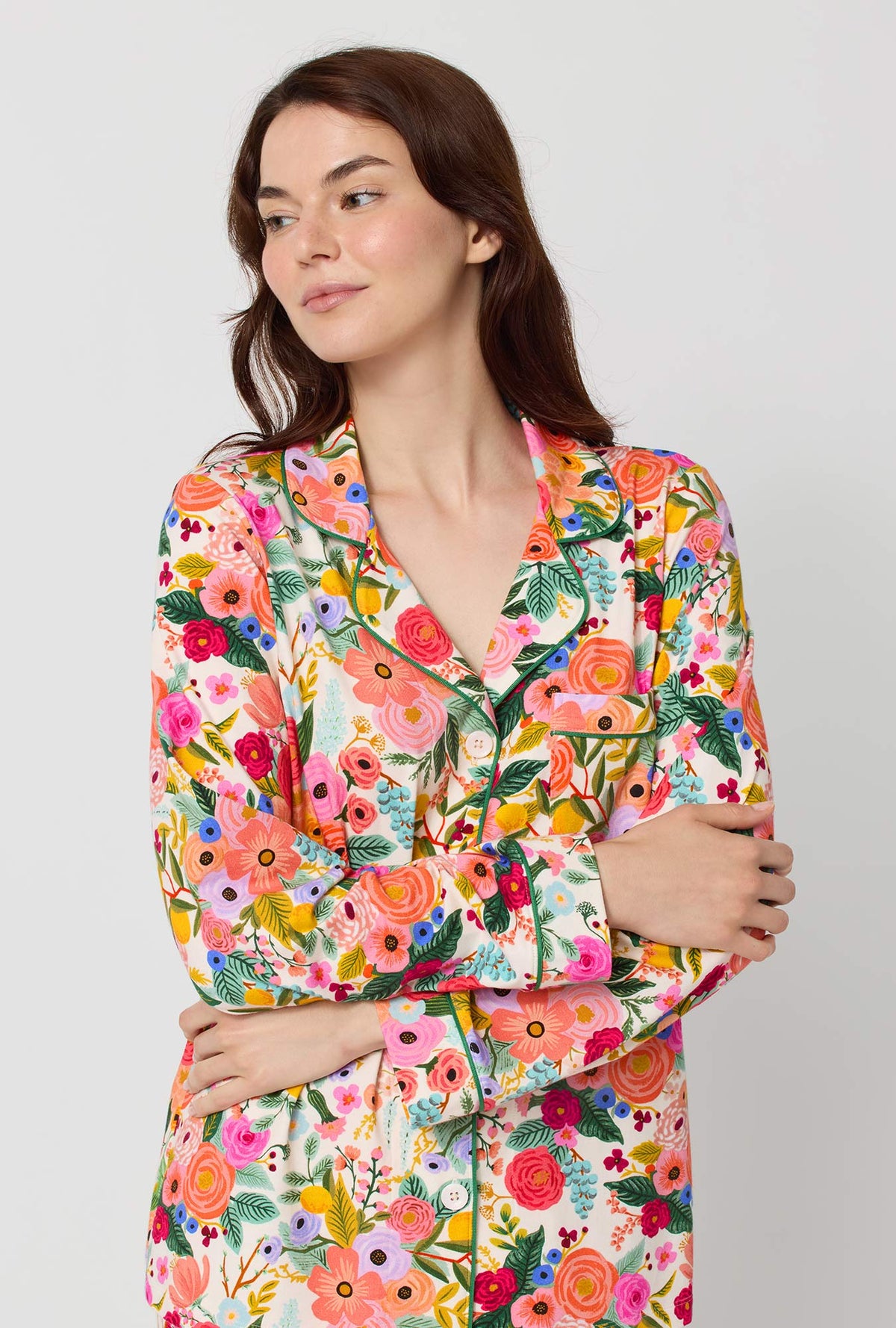 A lady wearing Rifle Paper Co. x BedHead PJs Garden Party Long Sleeve Classic Stretch Jersey Pj Set closer look