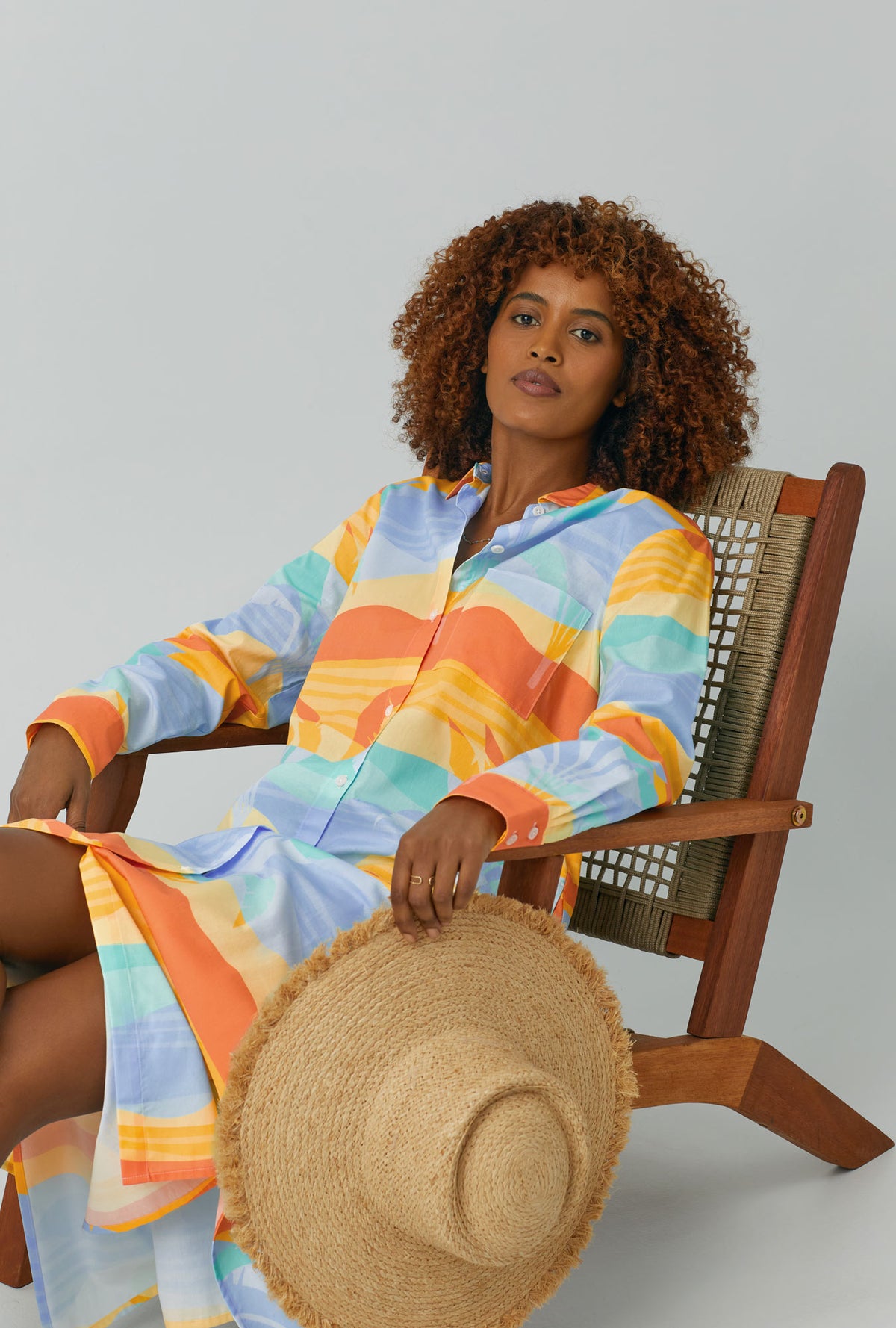 Desert Palms Long Sleeve Maxi Collared Woven Cotton Poplin Sleepshirt