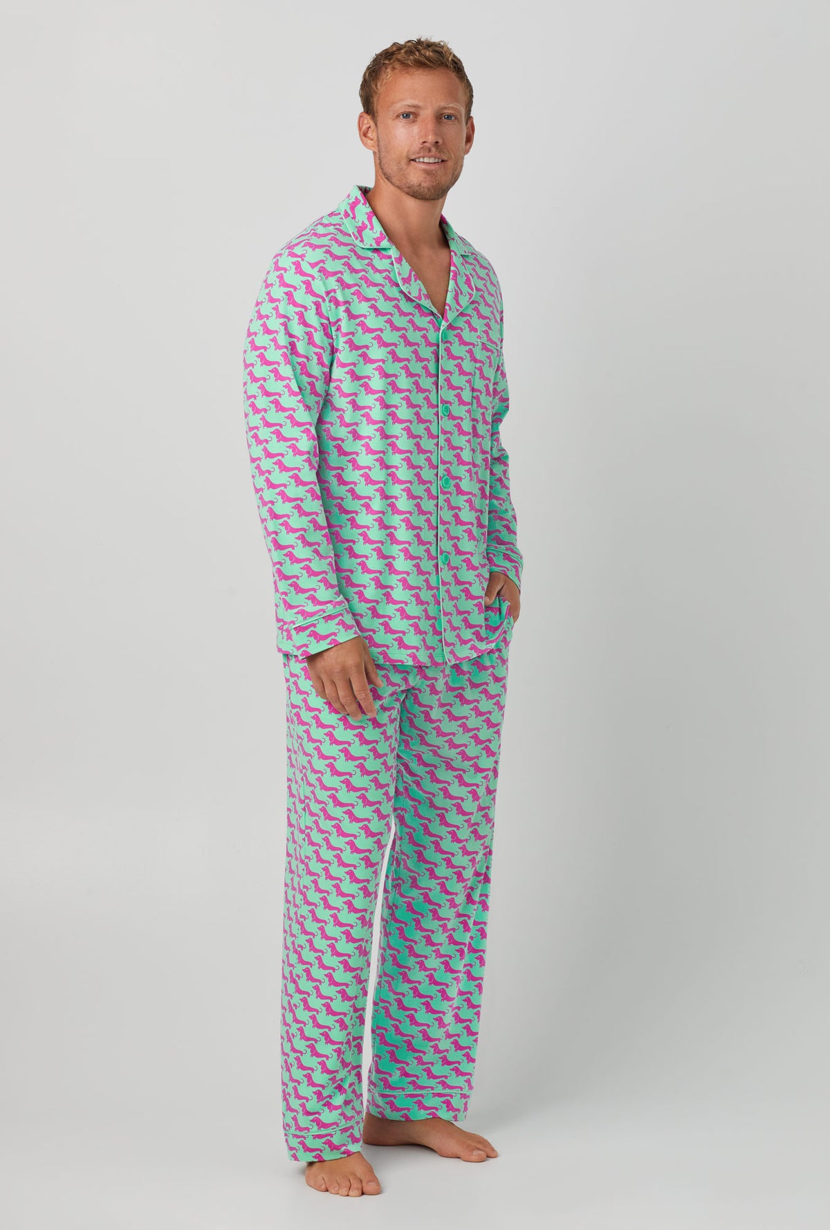 A men wearing  Long Sleeve Classic Stretch Jersey PJ Set with Dog Walk print