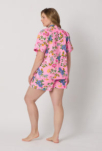 A lady wearing plus size Pink Short Sleeve Classic Woven Cotton Poplin Shorty Pj Set back view