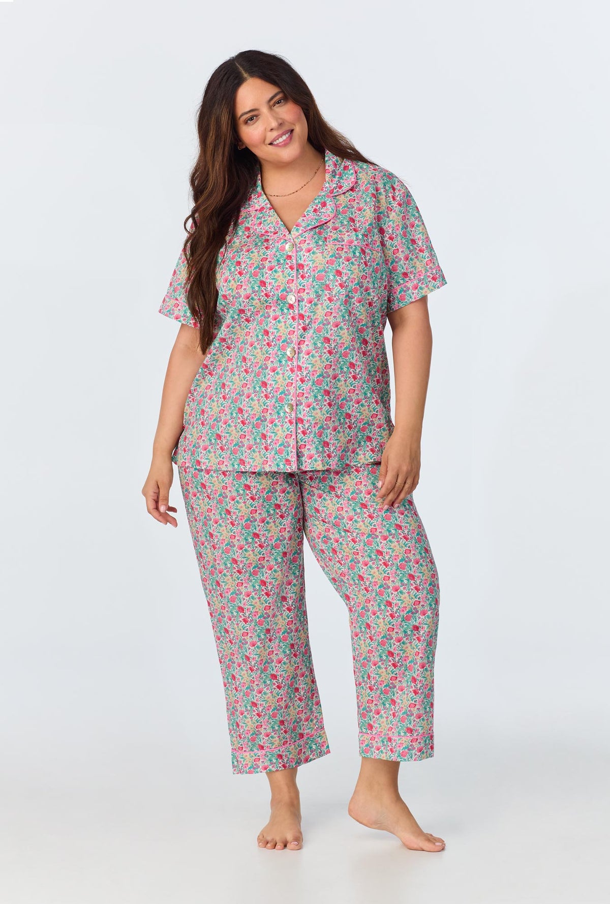 A lady wearing Florence May Short Sleeve Classic Woven Cotton Tana Lawn Cropped PJ Set Made with Liberty Fabrics