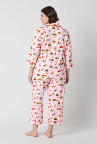 A lady wearing plus size Farm Fresh 3/4 Sleeve Classic Stretch Jersey Cropped Pj Set back view