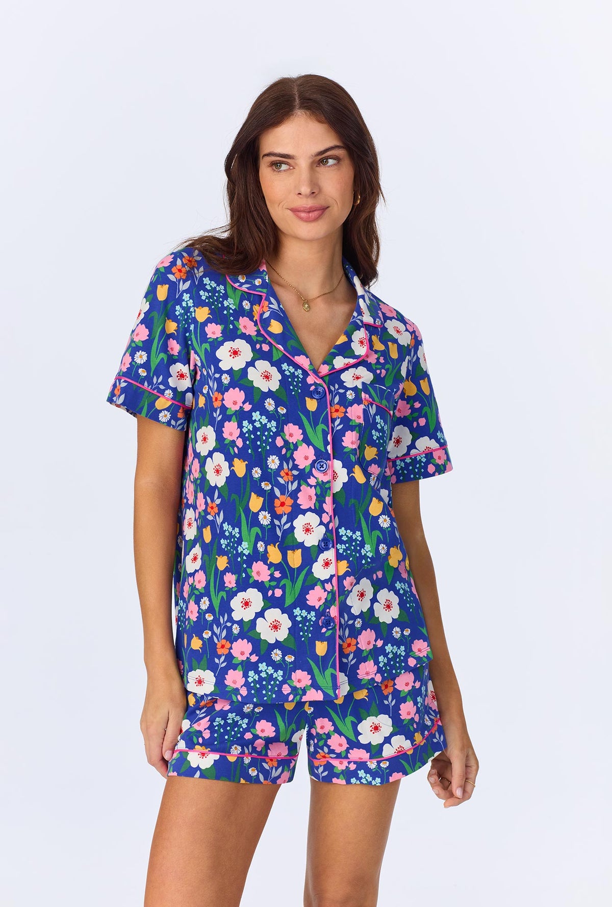 A lady wearing Flower Market Short Sleeve Classic Shorty Stretch Jersey PJ Set