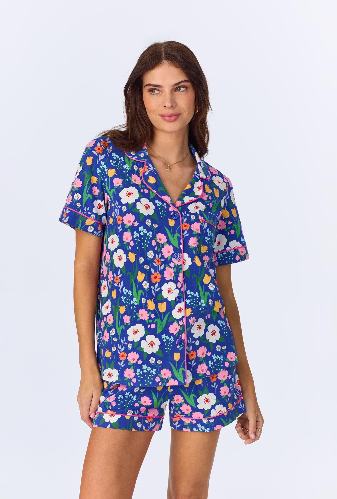 A lady wearing Flower Market Short Sleeve Classic Shorty Stretch Jersey PJ Set