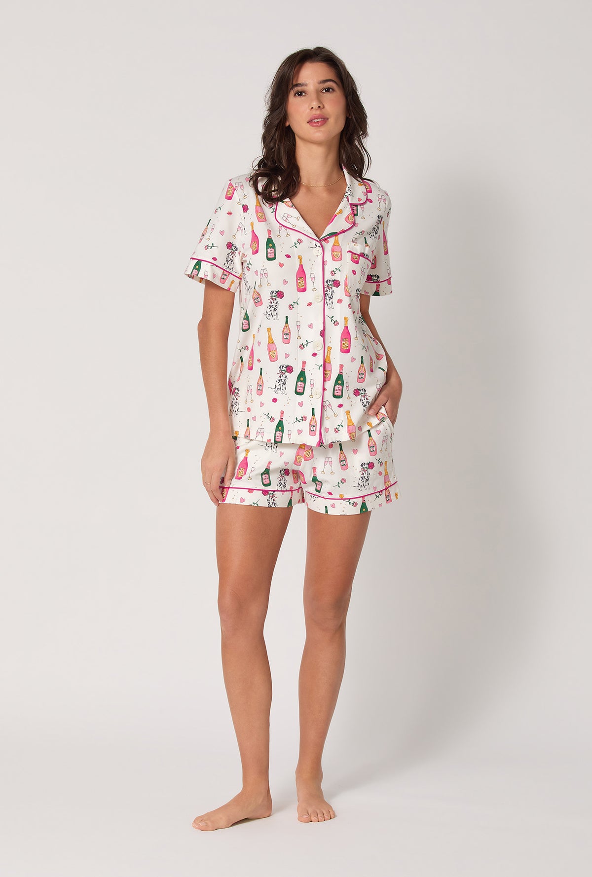 A lady wearing Be Mine Short Sleeve Classic Shorty Stretch Jersey Pj Set