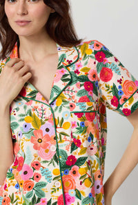 A lady wearing Rifle Paper Co. x BedHead PJs Garden Party Short Sleeve Classic Stretch Jersey Cropped Pj Set closer look