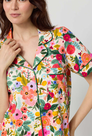 A lady wearing Rifle Paper Co. x BedHead PJs Garden Party Short Sleeve Classic Stretch Jersey Cropped Pj Set closer look