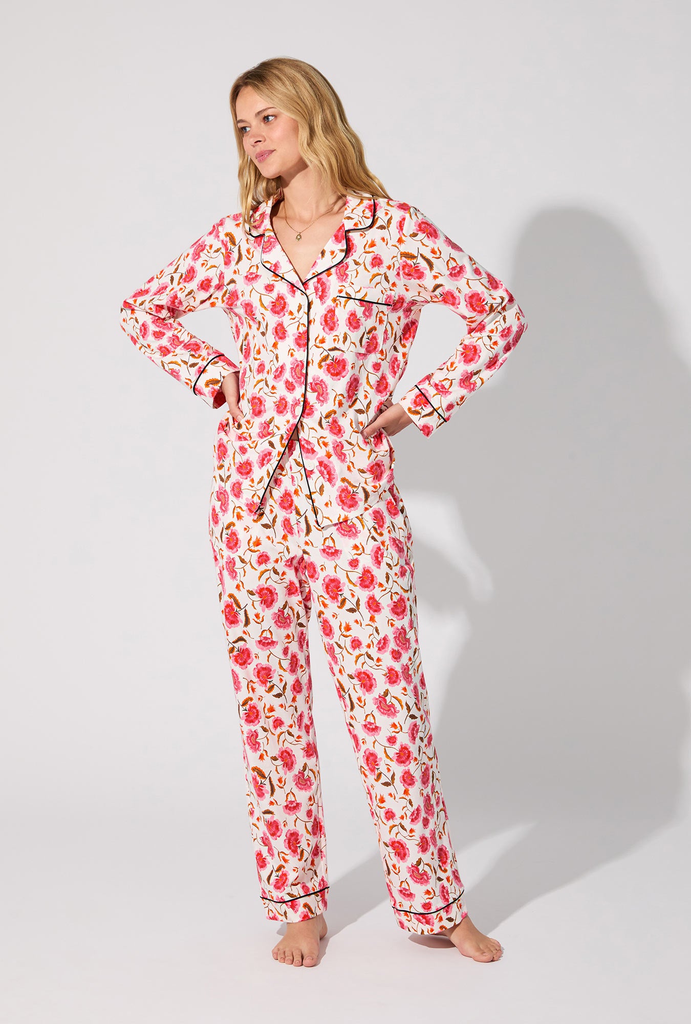 A lady wearing Fantasia Floral Long Sleeve Classic Stretch Jersey PJ Set