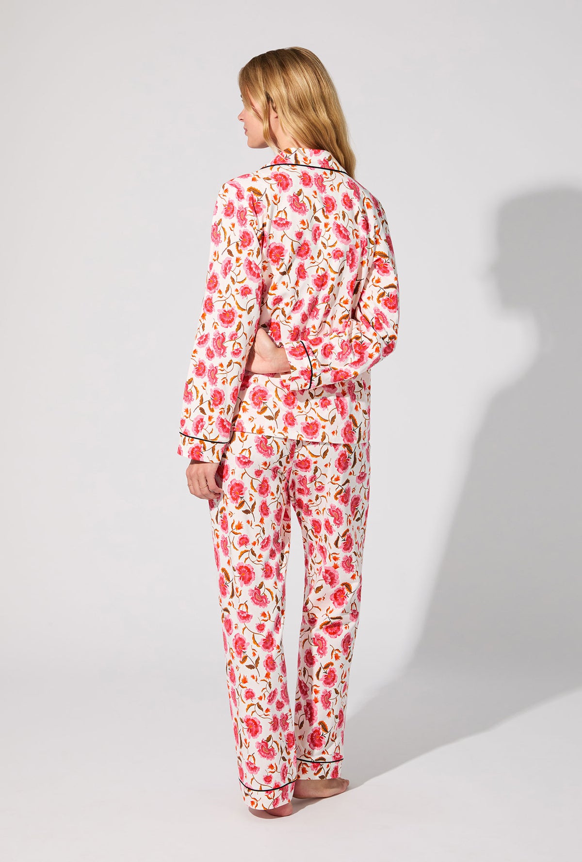 A lady wearing Fantasia Floral Long Sleeve Classic Stretch Jersey PJ Set