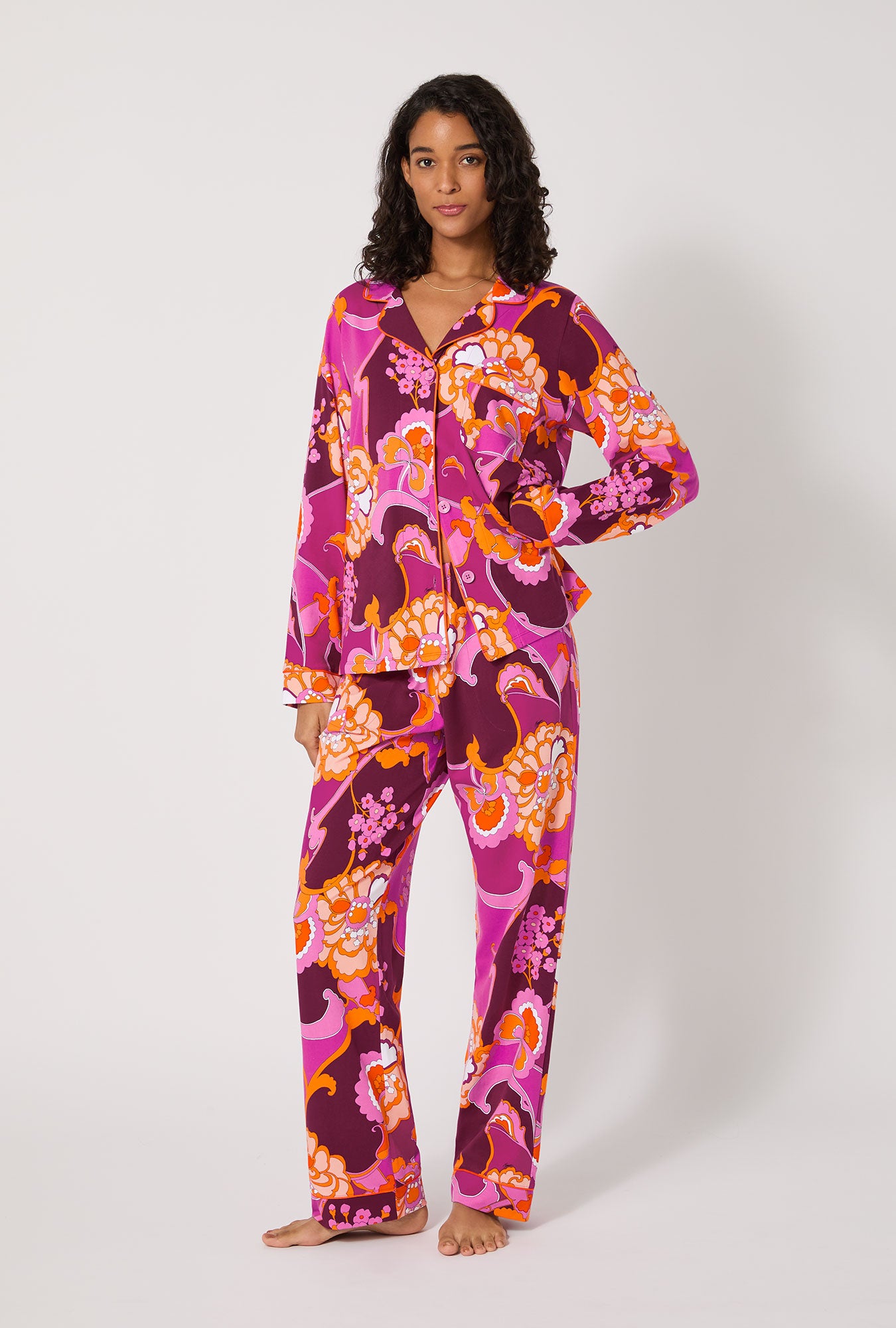 A lady wearing BedHead X Trina Turk Apache Plume Long Sleeve Classic Stretch Jersey Pj Set