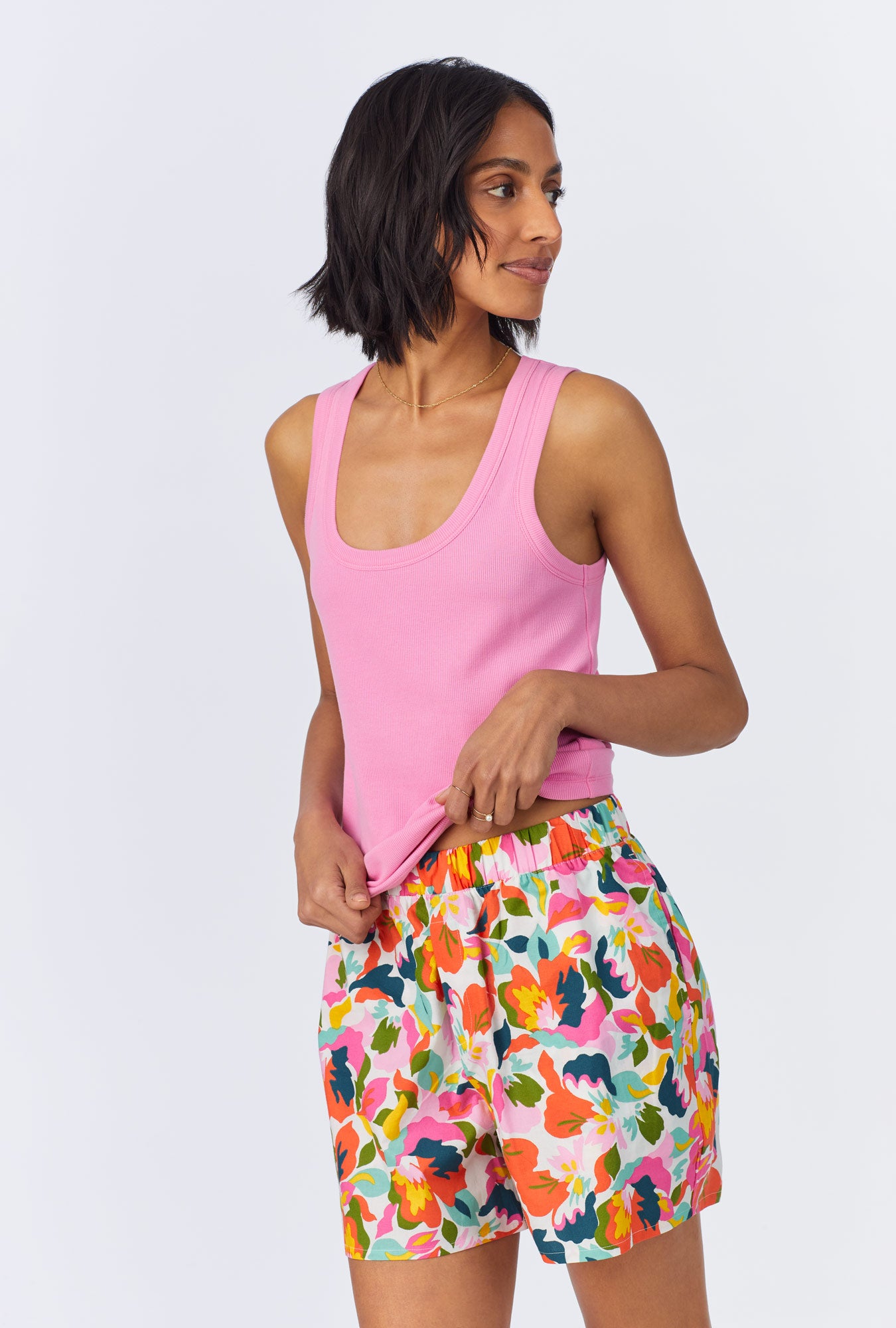 A lady wearing Lucia Knit Tank Woven Cotton Poplin Boxer PJ Set