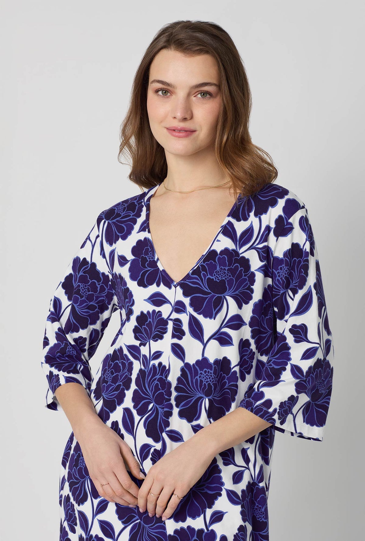 A closeup of A lady wearing Blue and  White Stretch Jersey Sleep Dress