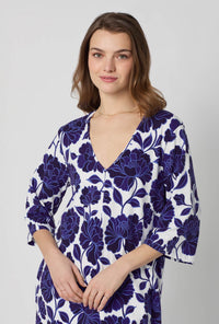 A closeup of A lady wearing Blue and  White Stretch Jersey Sleep Dress