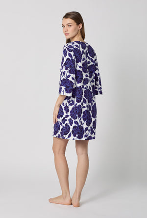 A lady wearing Blue and  White Stretch Jersey Sleep Dress back view